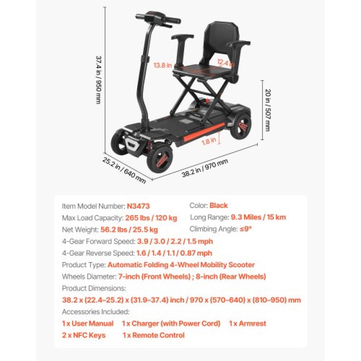 VEVOR 4-Wheel Electric Mobility Scooter για ενήλικες και ηλικιωμένους, ενσωματωμένο αυτόματο αναδιπλούμενο σκούτερ κινητικότητας με τηλεχειριστήριο, κλειδιά NFC & μεγάλης εμβέλειας, 120kg φόρτωση αναπηρικό αμαξίδιο ταξιδιού