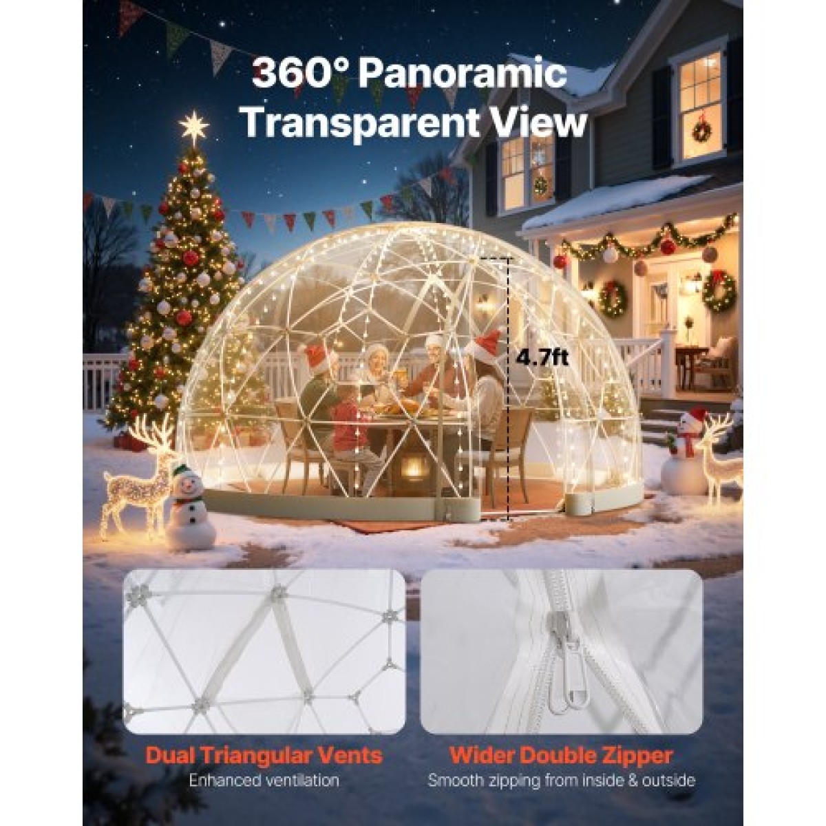 Σκηνή VEVOR Garden Dome, 2,9 x 1,75 μ. Εξωτερική σκηνή Clear Bubble για 2-4 Άτομα, Θερμοκήπιο Γεωδαιτικής Θόλος με Παράθυρο, Αδιάβροχο Θερμοκήπιο με Θόλο, Τέντες PVC Igloo για Γάμο για Κάμπινγκ Αίθριων στην πίσω αυλή