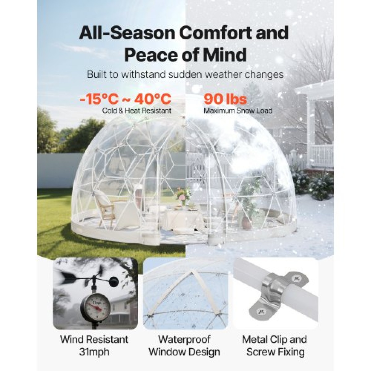 Σκηνή VEVOR Garden Dome, 2,9 x 1,75 μ. Εξωτερική σκηνή Clear Bubble για 2-4 Άτομα, Θερμοκήπιο Γεωδαιτικής Θόλος με Παράθυρο, Αδιάβροχο Θερμοκήπιο με Θόλο, Τέντες PVC Igloo για Γάμο για Κάμπινγκ Αίθριων στην πίσω αυλή