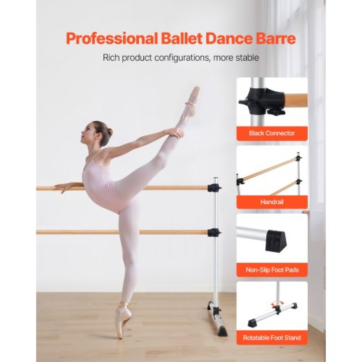 VEVOR Ballet Barre, Διπλό Beechwood Barre Bar για το σπίτι, Φορητές μπάρες χορού Stretching Ballet, Ρυθμιζόμενο ύψος Εξοπλισμός Γυμναστηρίου Anti-Wobble Fitness, για Pilates Balance Workout