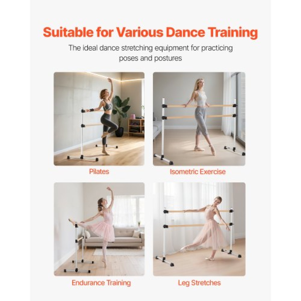 VEVOR Ballet Barre, Διπλό Beechwood Barre Bar για το σπίτι, Φορητές μπάρες χορού Stretching Ballet, Ρυθμιζόμενο ύψος Εξοπλισμός Γυμναστηρίου Anti-Wobble Fitness, για Pilates Balance Workout
