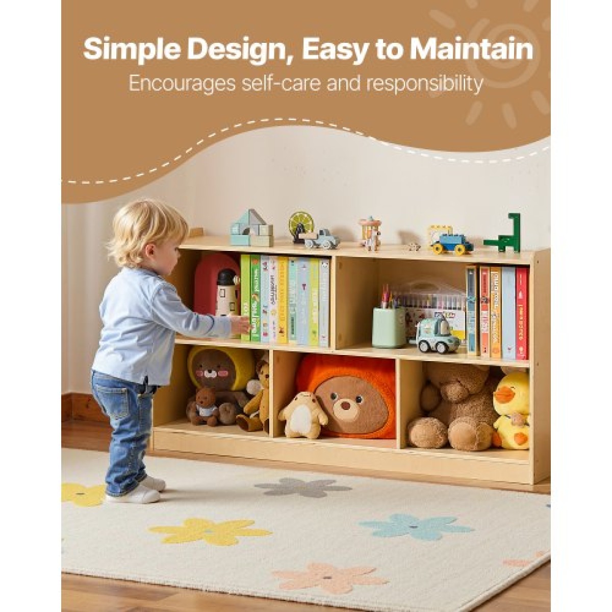 Ράφι VEVOR Montessori, πλάτος 1140 mm Organizer αποθήκευσης παιχνιδιών, Παιδικό ντουλάπι οθόνης 5 τμημάτων, έπιπλα παιδικού σταθμού, Παιδικό ράφι για υπνοδωμάτιο, νηπιαγωγείο, σαλόνι, είσοδος, προσχολική ηλικία, καφέ