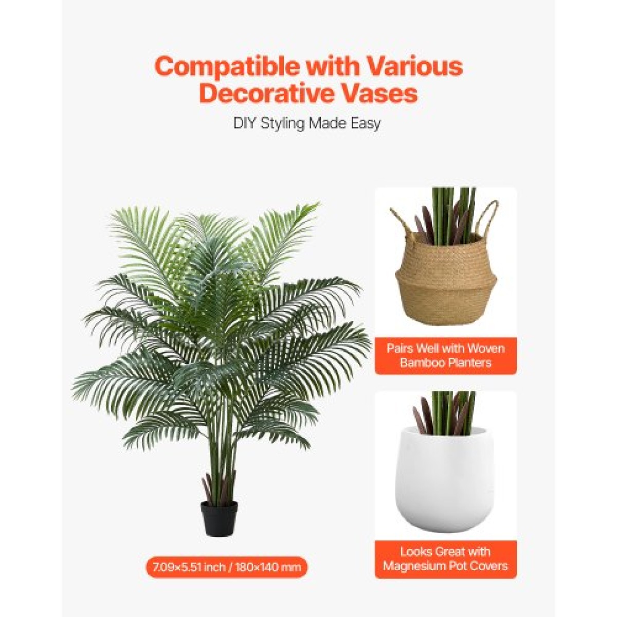 VEVOR Artificial Areca Palm Tree 1829 mm, Ψεύτικος Φοίνικας Τροπικά Φυτά με Λευκή Ψηλή Ζαρντινιέρα, Φυτό από ψεύτικο δάπεδο μετάξι σε γλάστρα, Μεγάλα Δέντρα για Διακόσμηση Σαλονιού Γραφείου Σαλόνι Σπίτι Θέρμανση, Εσωτερικός εξωτερικός χώρος