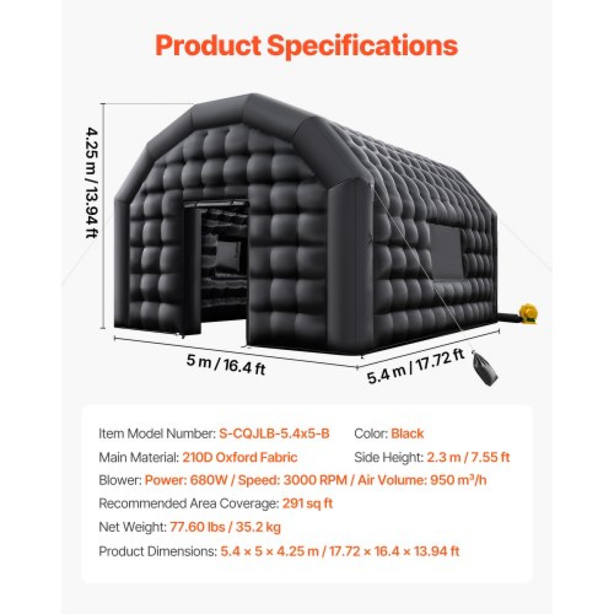 VEVOR Inflatable Nightclub, 5.4 x 5 x 4.2 m Inflatable Party Tent with 680W Blower & Sandbag, Ventilated Blow up Night Club with 2 Windows, Air Cube House for Event Birthday Wedding Party