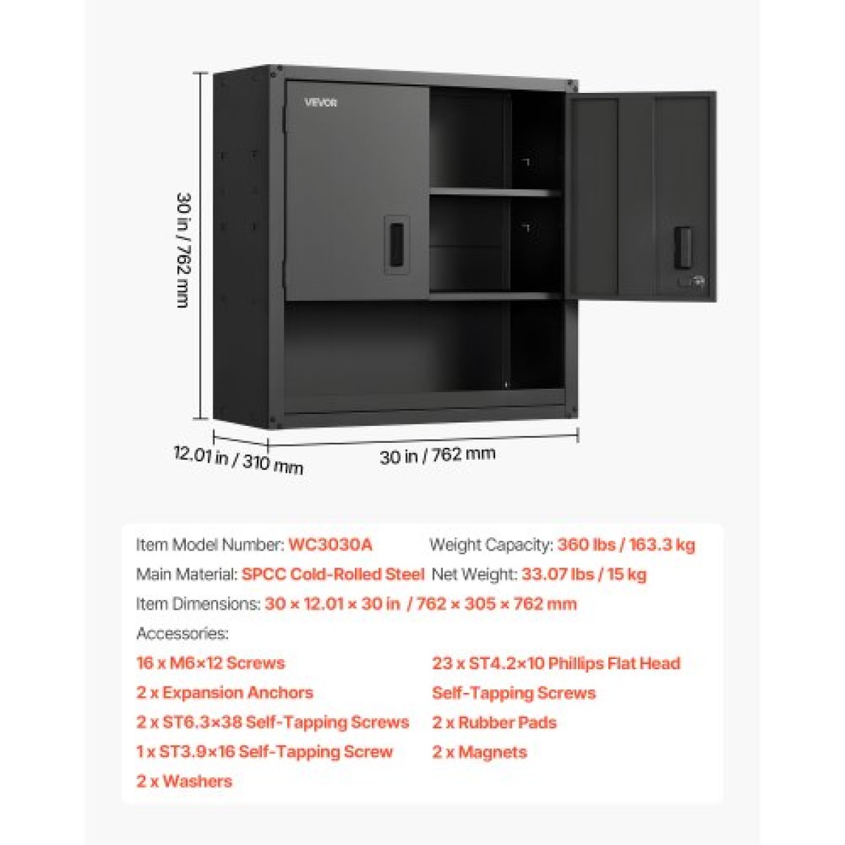 Μεταλλικό ντουλάπι τοίχου VEVOR, 76,2W x 30,5D x 76,2H ίντσες, Ατσάλινο κυματιστό κρεμαστό ντουλάπι αποθήκευσης με πόρτες κλειδώματος και ρυθμιζόμενο ράφι για γκαράζ, υπόγειο, κουζίνα, απαιτείται συναρμολόγηση αποθήκης, μαύρο