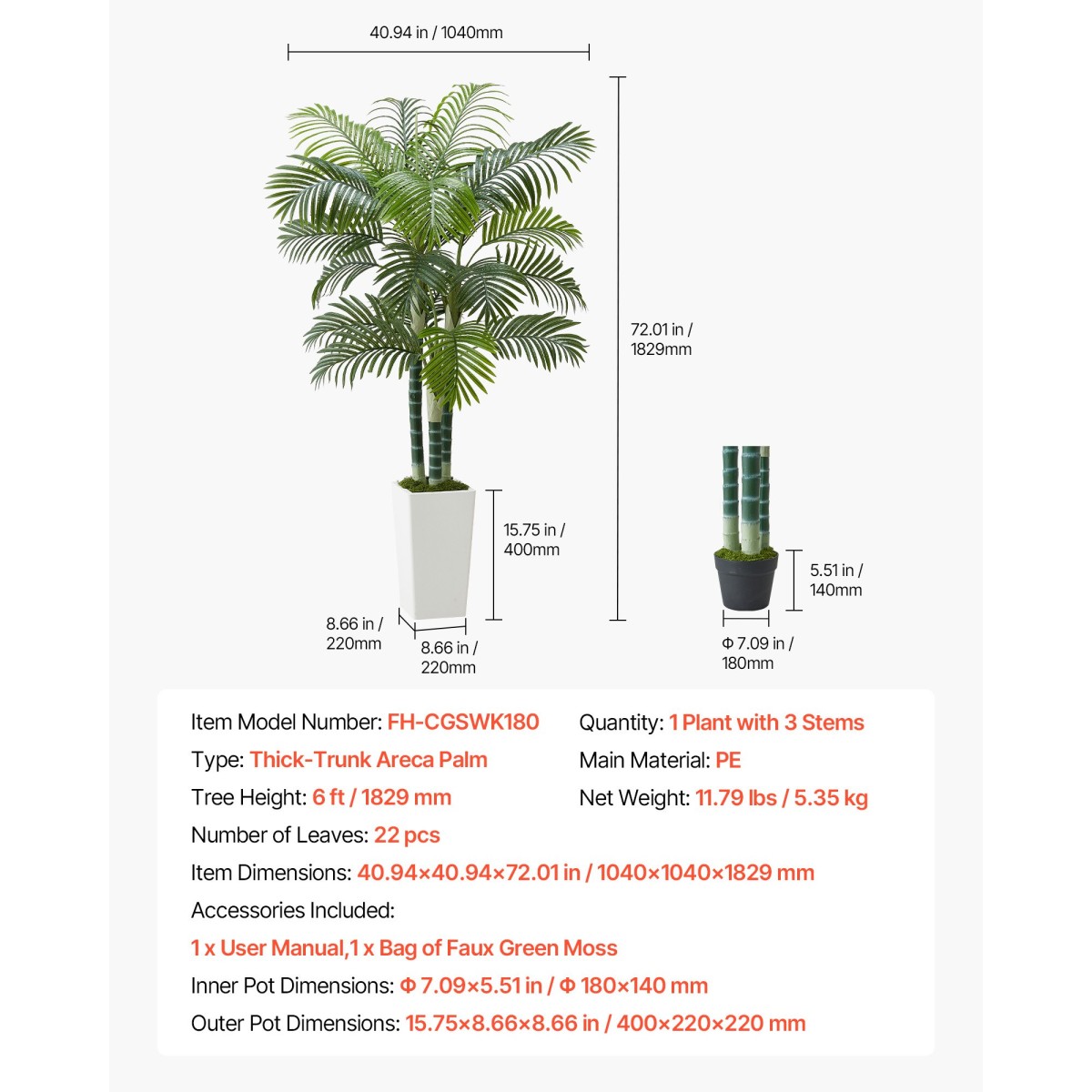 VEVOR Artificial Areca Palm Tree 1829 mm, Ψεύτικος Φοίνικας Τροπικά Φυτά με Λευκή Ψηλή Ζαρντινιέρα, Φυτό από ψεύτικο δάπεδο μετάξι σε γλάστρα, Μεγάλα Δέντρα για Διακόσμηση Σαλονιού Γραφείου Σαλόνι Σπίτι Θέρμανση, Εσωτερικός εξωτερικός χώρος