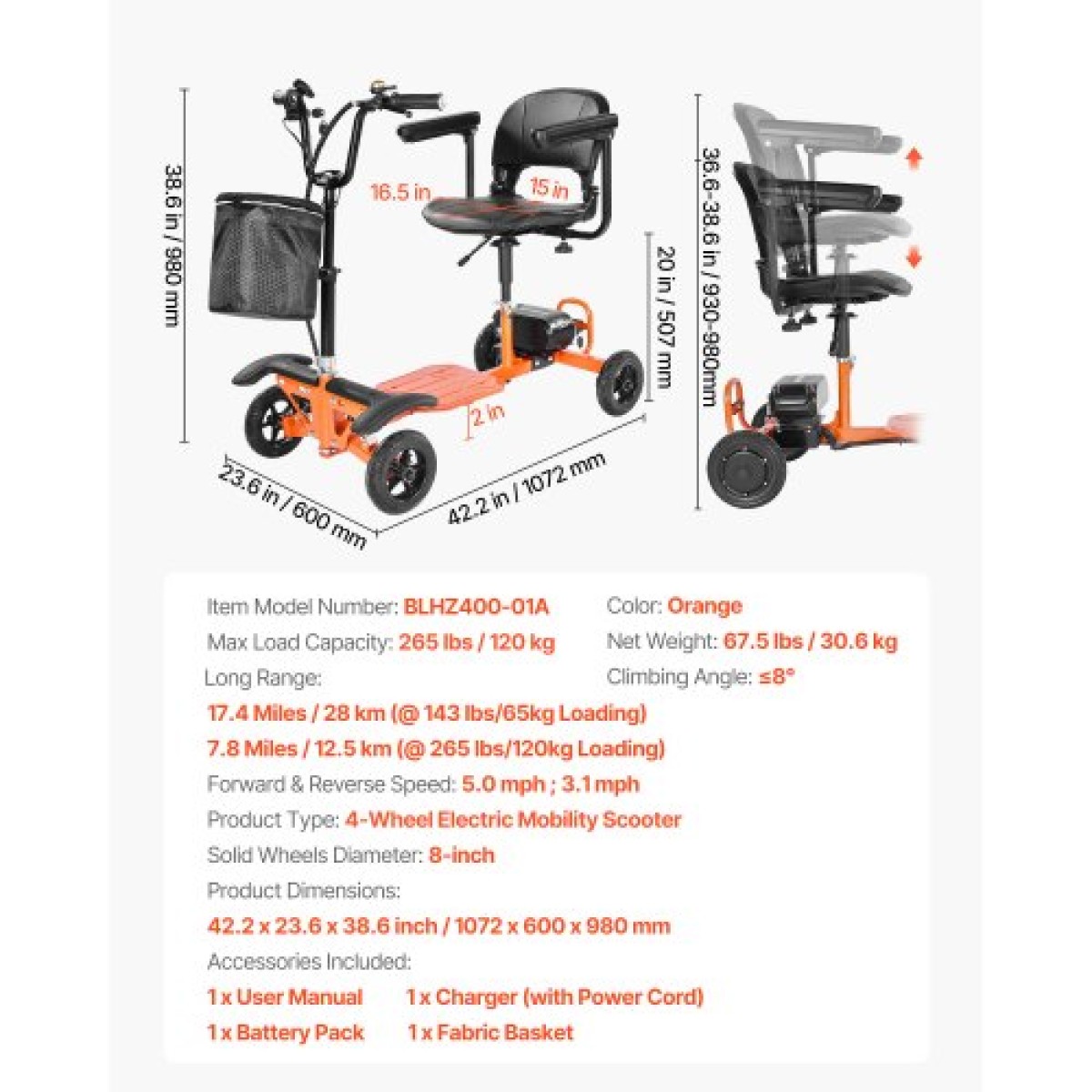 VEVOR 4-Wheel Folding Mobility Scooter για Ενήλικες & Ηλικιωμένους, 120kg Loading Electric Mobility Scooter, Αναπηρικό αμαξίδιο παντός εδάφους με μπαταρία λιθίου 48V, μεγάλα συμπαγή ελαστικά & ικανότητα αναρρίχησης 8°