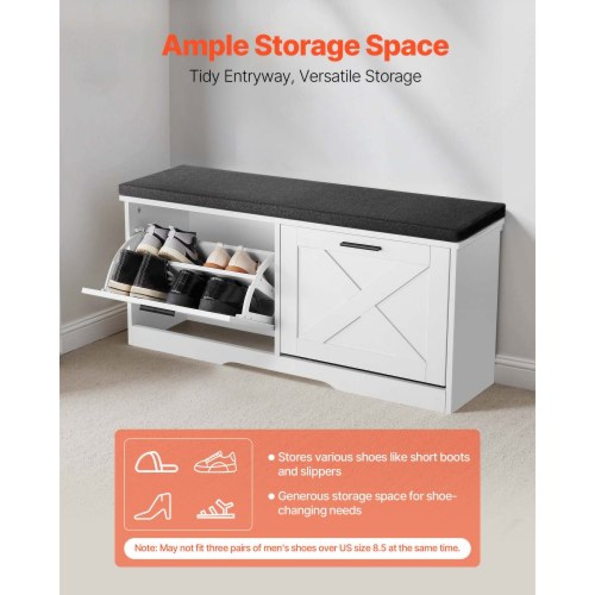 Πάγκος αποθήκευσης παπουτσιών VEVOR Entryway, 1000 x 305 x 475 mm Organizer παπουτσιών με αναδιπλούμενα συρτάρια, 440lbs Στενός πάγκος για παπούτσια με μαξιλάρι & πόρτες, για διάδρομο, σαλόνι, υπνοδωμάτιο, μαύρο + λευκό