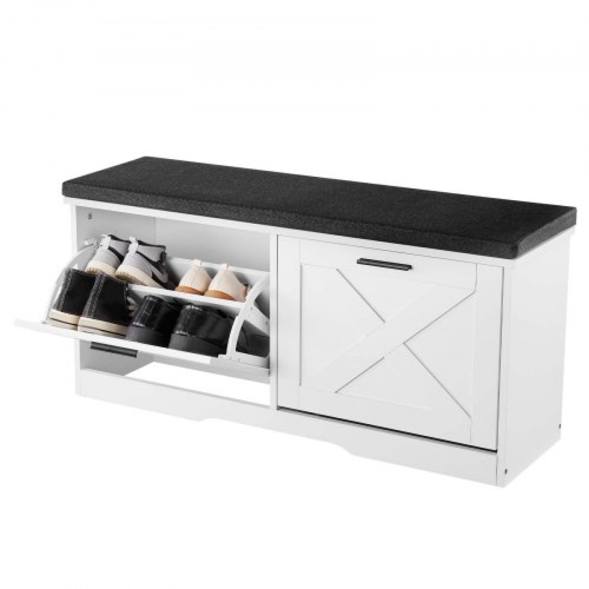 Πάγκος αποθήκευσης παπουτσιών VEVOR Entryway, 1000 x 305 x 475 mm Organizer παπουτσιών με αναδιπλούμενα συρτάρια, 440lbs Στενός πάγκος για παπούτσια με μαξιλάρι & πόρτες, για διάδρομο, σαλόνι, υπνοδωμάτιο, μαύρο + λευκό