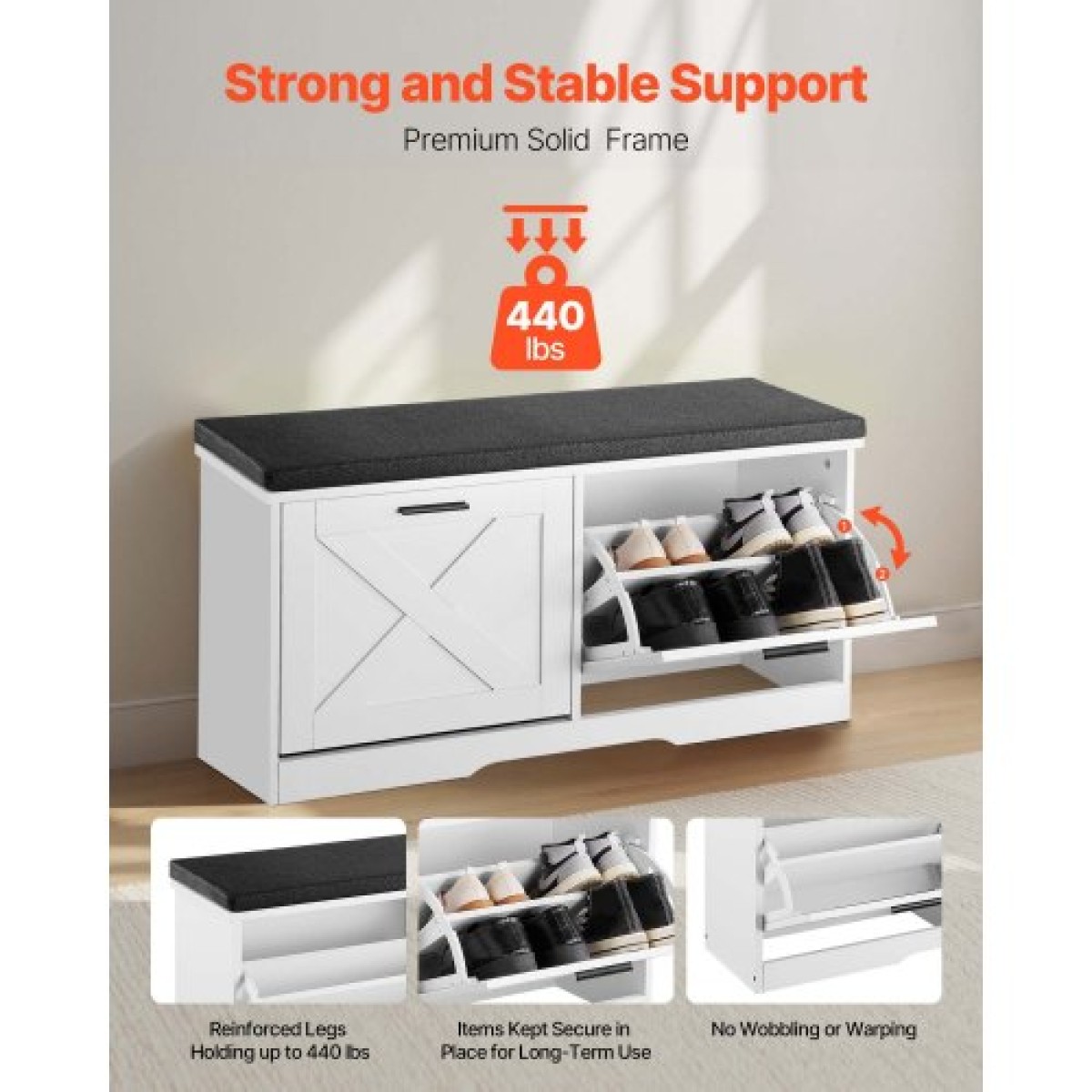 Πάγκος αποθήκευσης παπουτσιών VEVOR Entryway, 1000 x 305 x 475 mm Organizer παπουτσιών με αναδιπλούμενα συρτάρια, 440lbs Στενός πάγκος για παπούτσια με μαξιλάρι & πόρτες, για διάδρομο, σαλόνι, υπνοδωμάτιο, μαύρο + λευκό