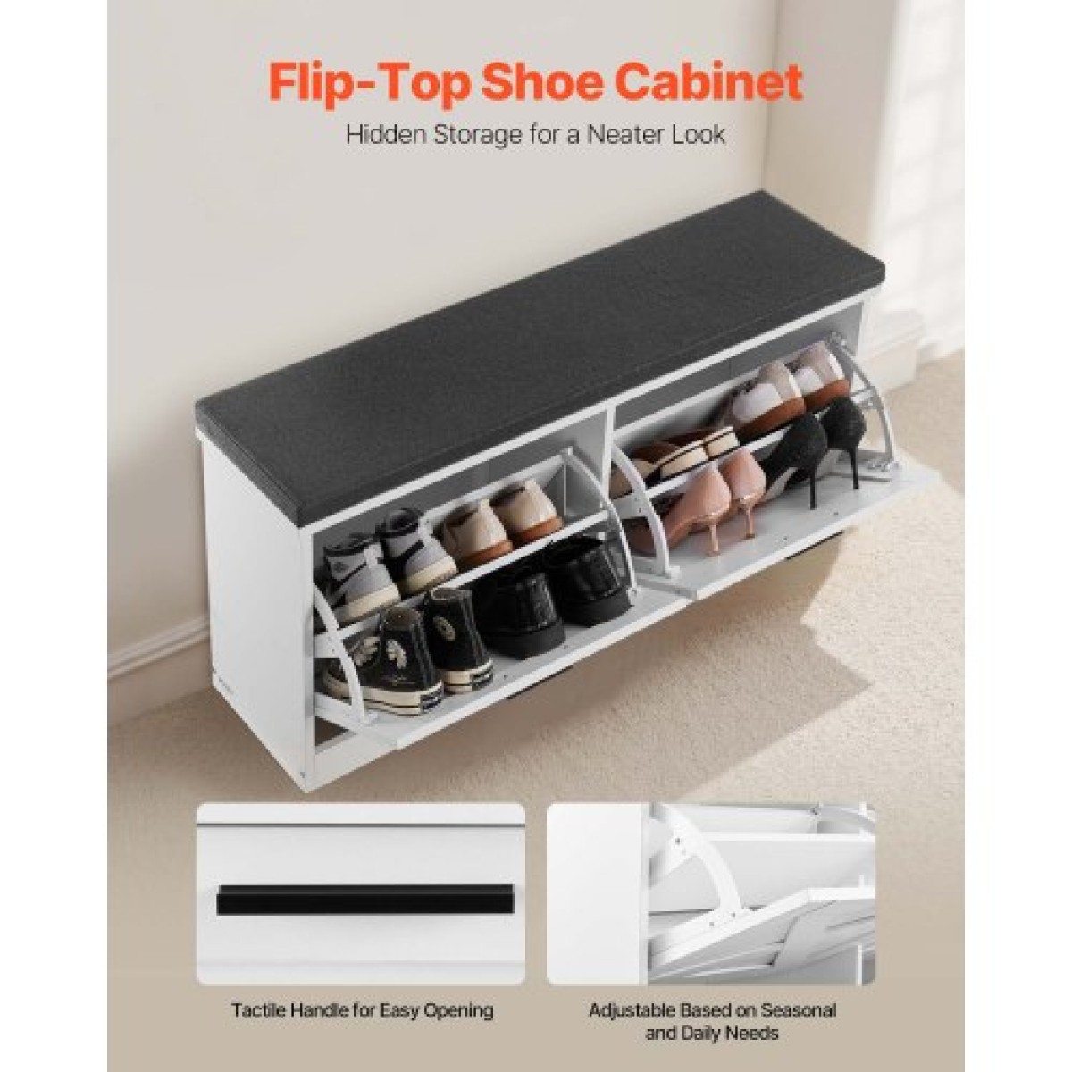 Πάγκος αποθήκευσης παπουτσιών VEVOR Entryway, 1000 x 305 x 475 mm Organizer παπουτσιών με αναδιπλούμενα συρτάρια, 440lbs Στενός πάγκος για παπούτσια με μαξιλάρι & πόρτες, για διάδρομο, σαλόνι, υπνοδωμάτιο, μαύρο + λευκό