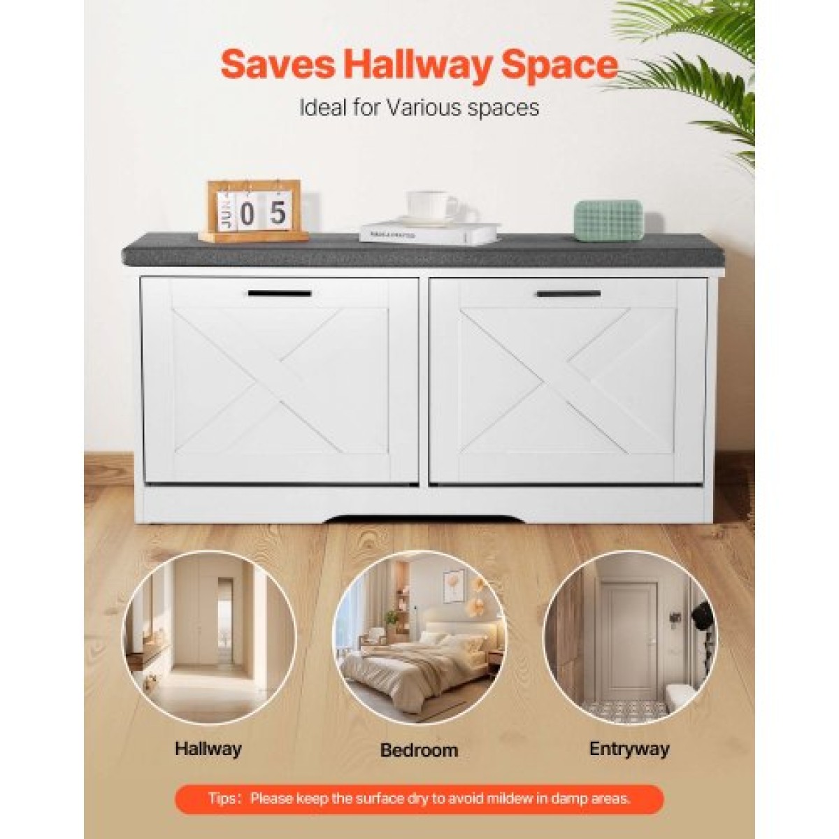 Πάγκος αποθήκευσης παπουτσιών VEVOR Entryway, 1000 x 305 x 475 mm Organizer παπουτσιών με αναδιπλούμενα συρτάρια, 440lbs Στενός πάγκος για παπούτσια με μαξιλάρι & πόρτες, για διάδρομο, σαλόνι, υπνοδωμάτιο, μαύρο + λευκό