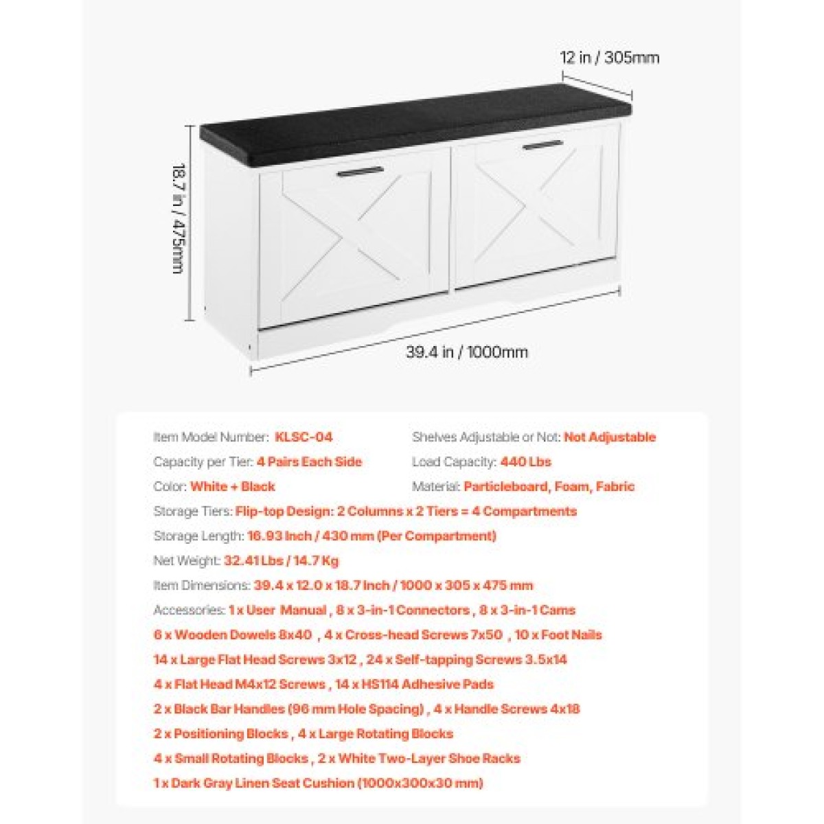 Πάγκος αποθήκευσης παπουτσιών VEVOR Entryway, 1000 x 305 x 475 mm Organizer παπουτσιών με αναδιπλούμενα συρτάρια, 440lbs Στενός πάγκος για παπούτσια με μαξιλάρι & πόρτες, για διάδρομο, σαλόνι, υπνοδωμάτιο, μαύρο + λευκό