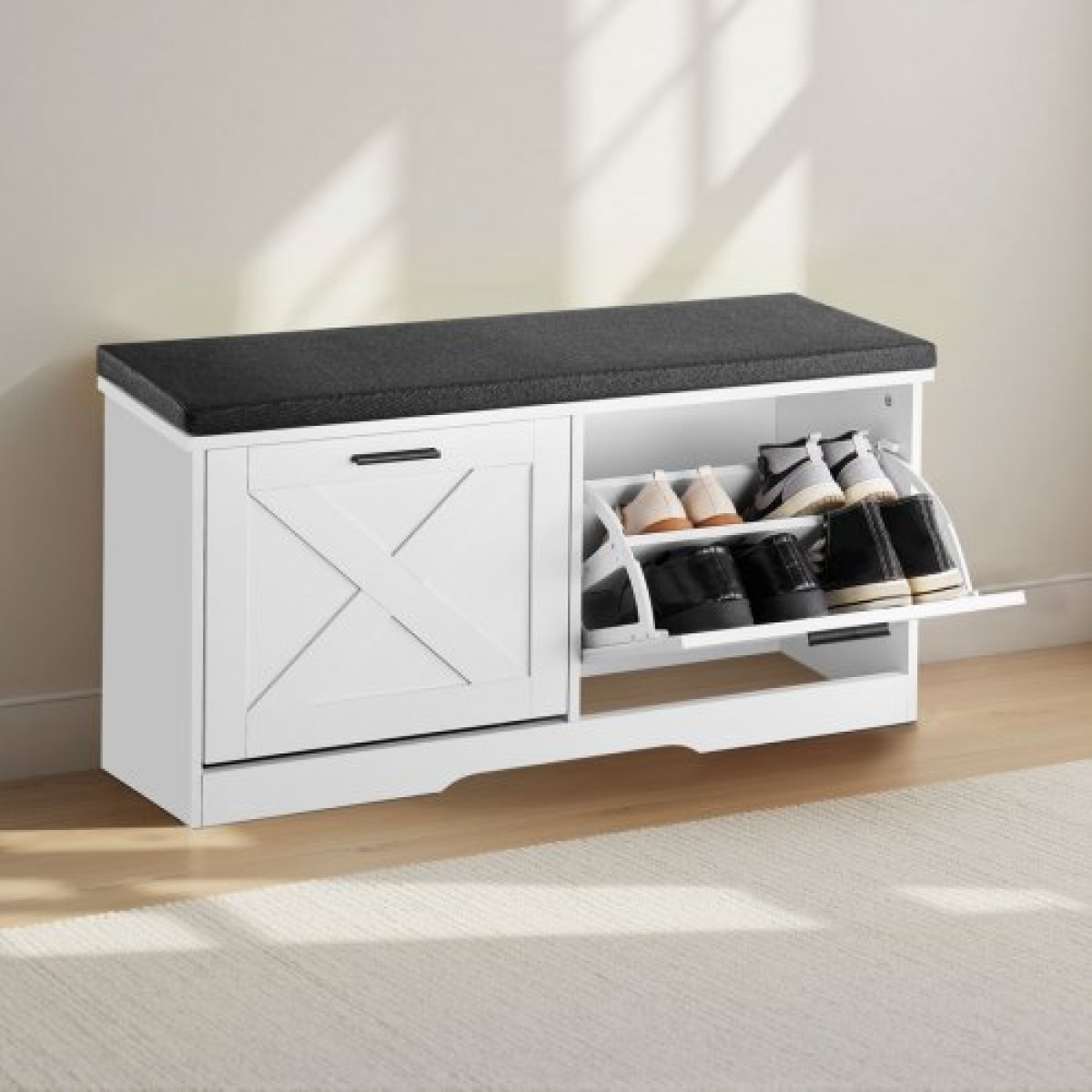 Πάγκος αποθήκευσης παπουτσιών VEVOR Entryway, 1000 x 305 x 475 mm Organizer παπουτσιών με αναδιπλούμενα συρτάρια, 440lbs Στενός πάγκος για παπούτσια με μαξιλάρι & πόρτες, για διάδρομο, σαλόνι, υπνοδωμάτιο, μαύρο + λευκό