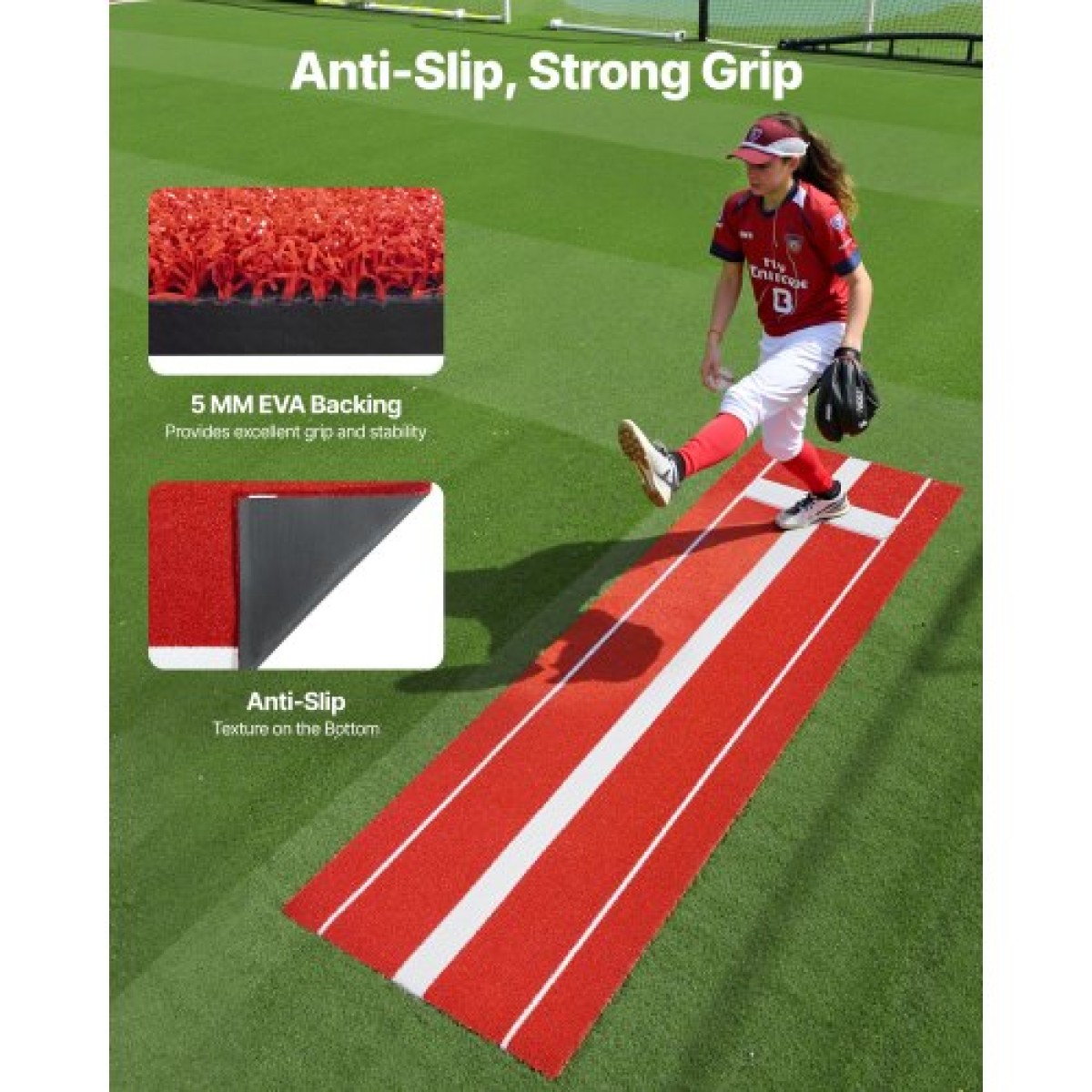 VEVOR Softball Pitching Mat, 305x92cm Baseball Pitching Rubber Mound, Antifade Turf and Antislip Foam Backing Portable Training Aid, Fastpitch Equipment for Pitchers Indoor Outdoor Practice, κόκκινο