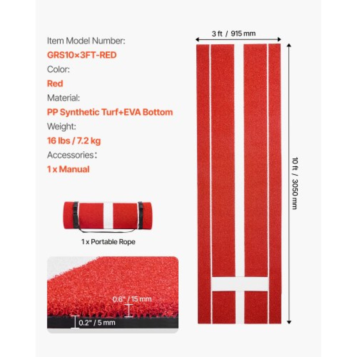 VEVOR Softball Pitching Mat, 305x92cm Baseball Pitching Rubber Mound, Antifade Turf and Antislip Foam Backing Portable Training Aid, Fastpitch Equipment for Pitchers Indoor Outdoor Practice, κόκκινο