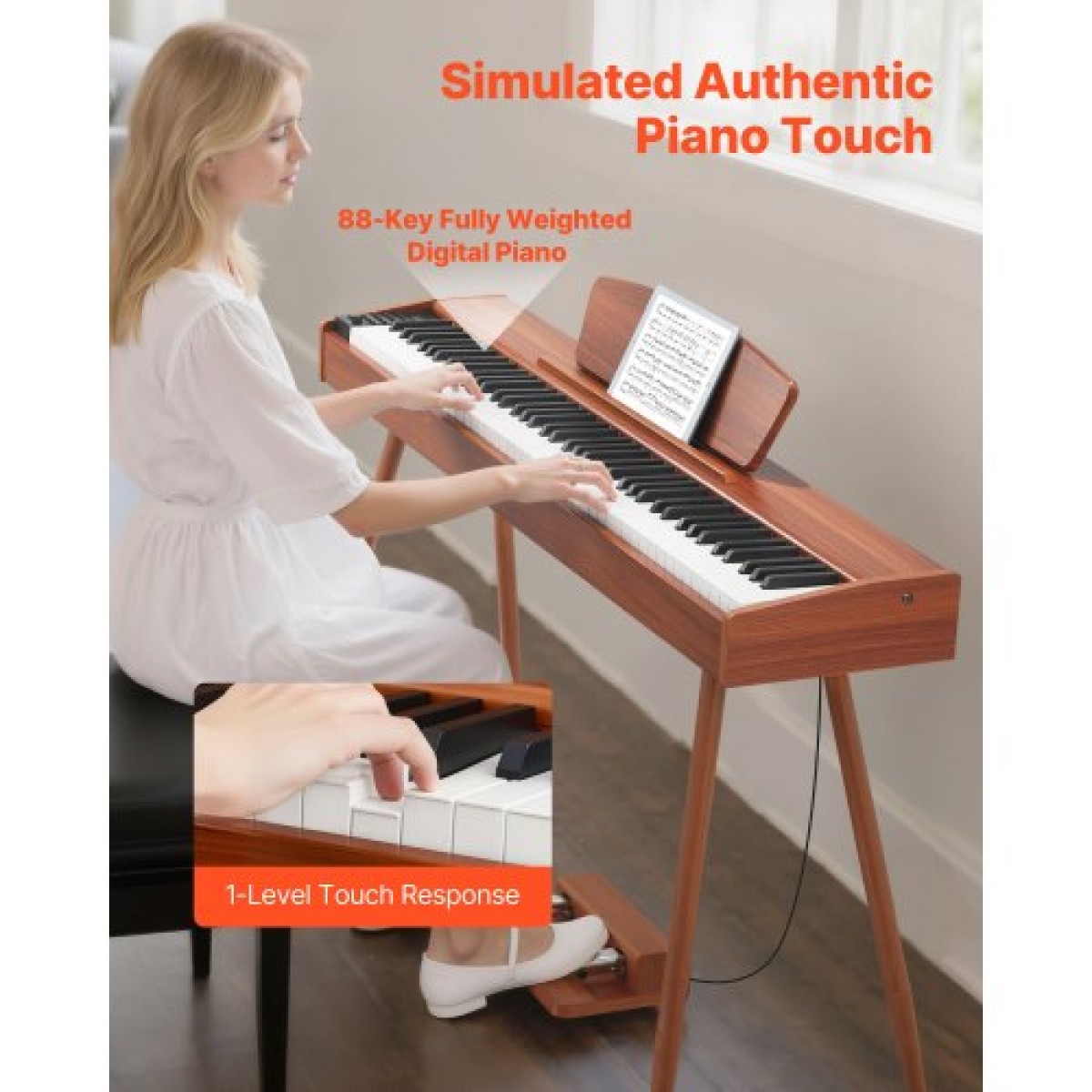VEVOR Weighted Digital Piano, 88 Πλήκτρα Πλήρως Ζυγισμένο, Ηλεκτρικό πληκτρολόγιο πιάνου με βάση παρτιτούρας, Τριπλό πεντάλ, Μετασχηματιστής ρεύματος, 280 τόνοι, Υποστήριξη ασύρματης σύνδεσης, για αρχάριους, Χρώμα ξύλου