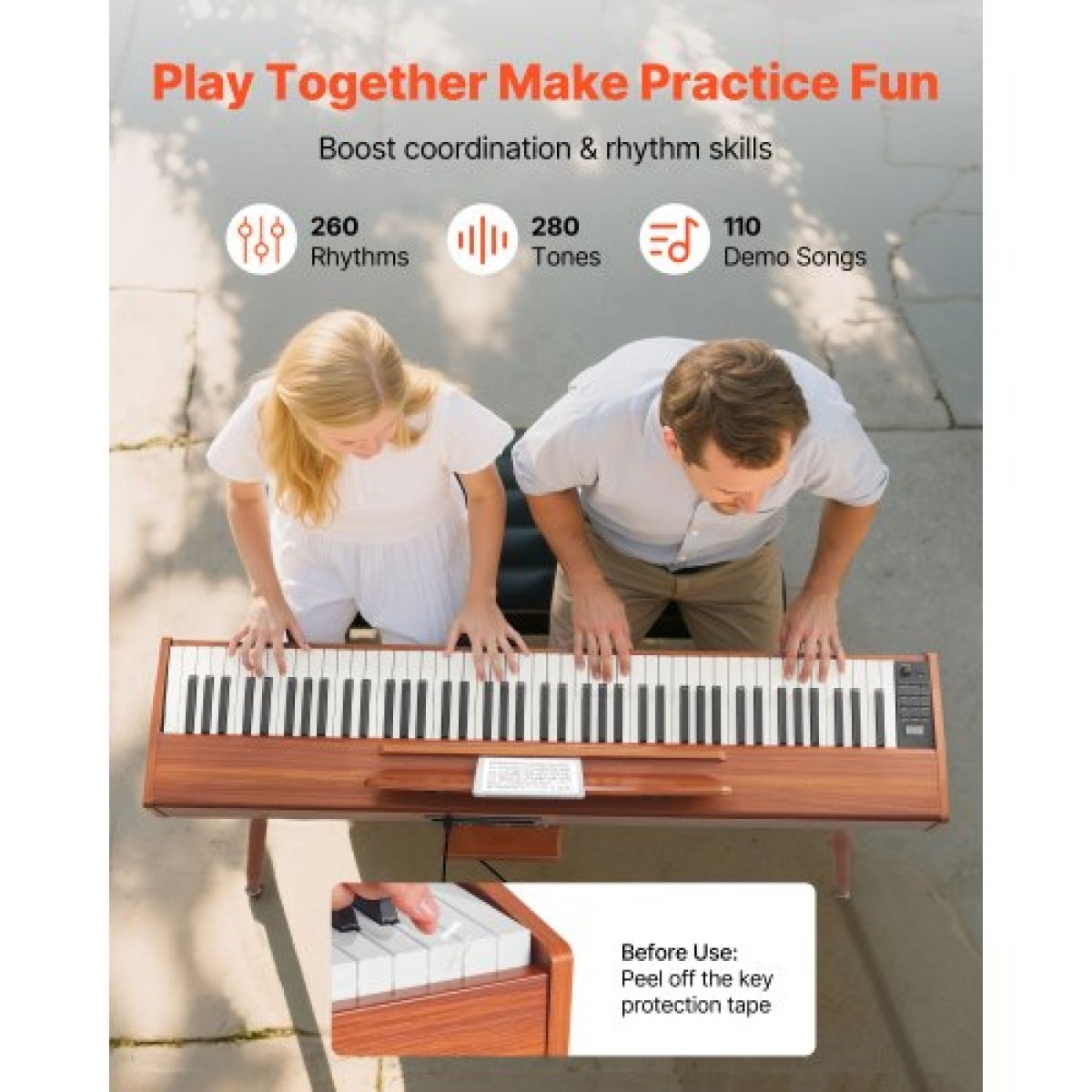 VEVOR Weighted Digital Piano, 88 Πλήκτρα Πλήρως Ζυγισμένο, Ηλεκτρικό πληκτρολόγιο πιάνου με βάση παρτιτούρας, Τριπλό πεντάλ, Μετασχηματιστής ρεύματος, 280 τόνοι, Υποστήριξη ασύρματης σύνδεσης, για αρχάριους, Χρώμα ξύλου
