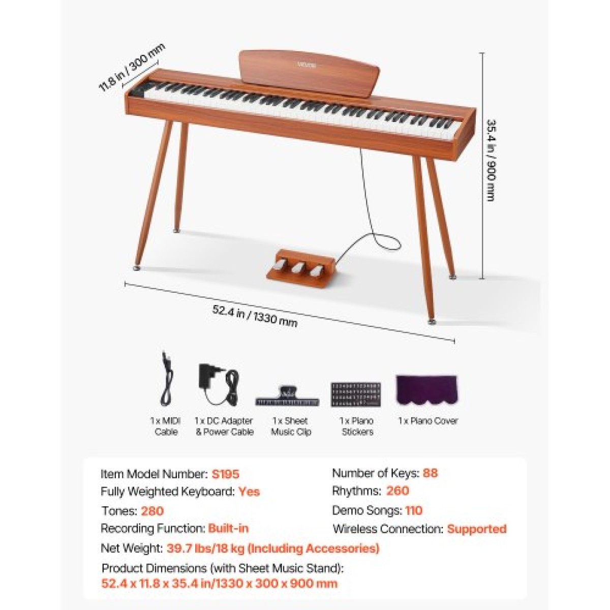 VEVOR Weighted Digital Piano, 88 Πλήκτρα Πλήρως Ζυγισμένο, Ηλεκτρικό πληκτρολόγιο πιάνου με βάση παρτιτούρας, Τριπλό πεντάλ, Μετασχηματιστής ρεύματος, 280 τόνοι, Υποστήριξη ασύρματης σύνδεσης, για αρχάριους, Χρώμα ξύλου