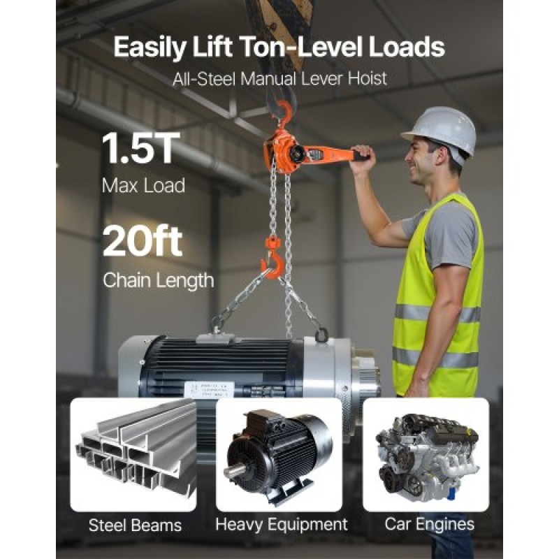 VEVOR Manual Lever Chain Hoist, 1-1/2T 1500KG Capacity Heavy Duty Come Along, 6M Lift G80 Alloy Steel Chain With Dual Pawl Mechanical Brake, 360° Rotating Hog, for Warage Construction Garage