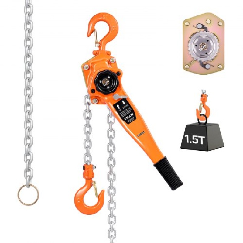 VEVOR Manual Lever Chain Hoist, 1-1/2T 1500KG Capacity Heavy Duty Come Along, 6M Lift G80 Alloy Steel Chain With Dual Pawl Mechanical Brake, 360° Rotating Hog, for Warage Construction Garage