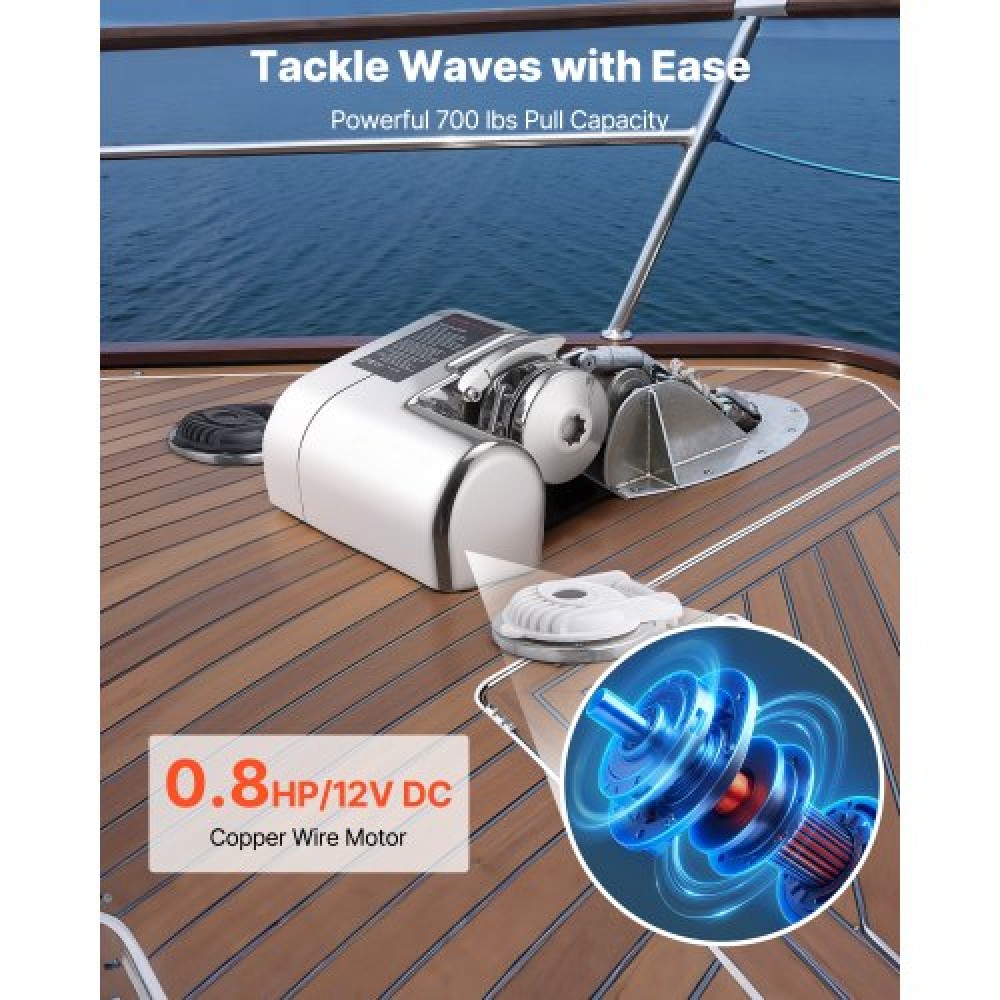 VEVOR Horizontal Fishing Windlass, 12V DC 600W, Windlass Anchor Systems Fit for 6.35 mm Chain or 14.3 & 15.9 mm Nylon Rope, Max Pull 260 kg, 316 Stainless Steel Construction, for Boats 7-9 m