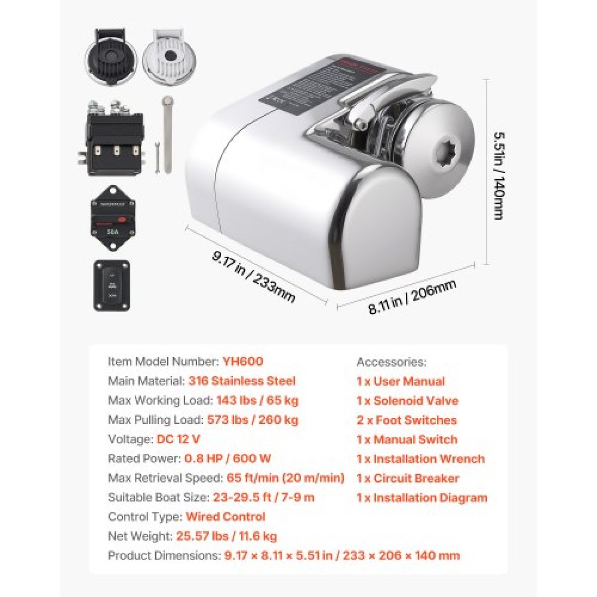 VEVOR Horizontal Fishing Windlass, 12V DC 600W, Windlass Anchor Systems Κατάλληλο για 6,35 mm Αλυσίδα ή 14,3 & 15,9 mm Nylon Rope, Max Pull 260 kg, 316 Ανοξείδωτη κατασκευή, για σκάφη 7-9 m