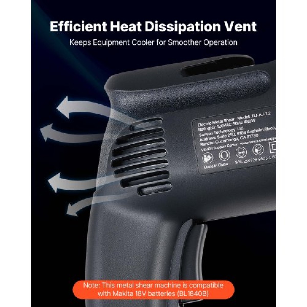 VEVOR Electric Metal Shear, 4,0-Amp Corded Lame Metal cutter με περιστρεφόμενη κεφαλή 360 μοιρών, μεταβλητή ταχύτητα, συνεχής κοπή, καθαρή κοπή για γαλβανισμένο χάλυβα 1,22 mm, ανοξείδωτο ατσάλι 1 mm, 2500 SPM