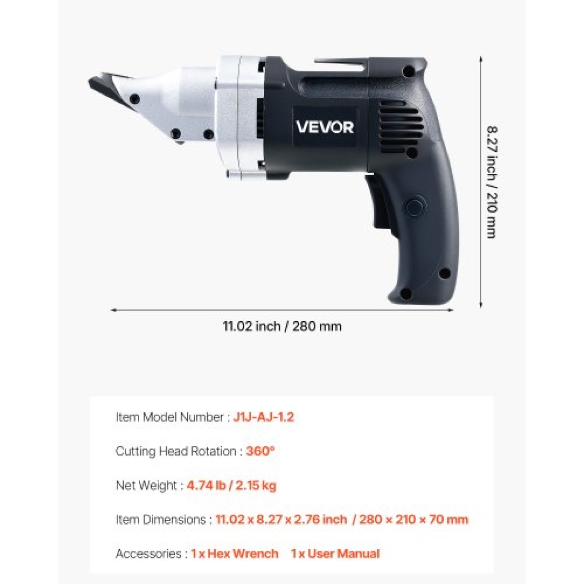 VEVOR Electric Metal Shear, 4,0-Amp Corded Lame Metal cutter με περιστρεφόμενη κεφαλή 360 μοιρών, μεταβλητή ταχύτητα, συνεχής κοπή, καθαρή κοπή για γαλβανισμένο χάλυβα 1,22 mm, ανοξείδωτο ατσάλι 1 mm, 2500 SPM