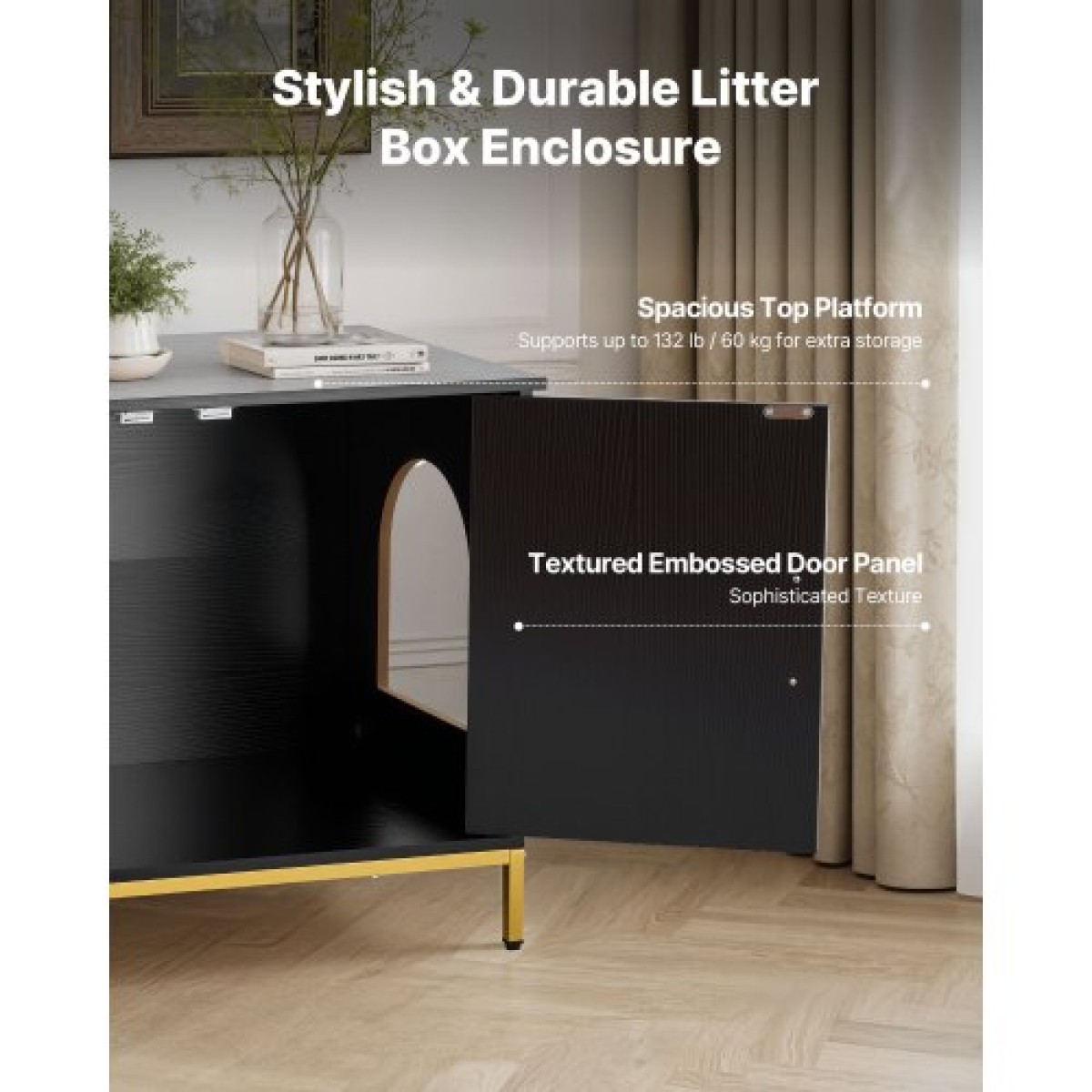 Έπιπλα VEVOR Cat Litter Box Enclosure, 70 cm Κρυφό Ντουλάπι απορριμμάτων με μεταλλικά πόδια & λαβή, Τραπέζι μοντέρνου στιλ Cat Washroom House, Fit Most of Litterbox, για Σαλόνι Υπνοδωματίου