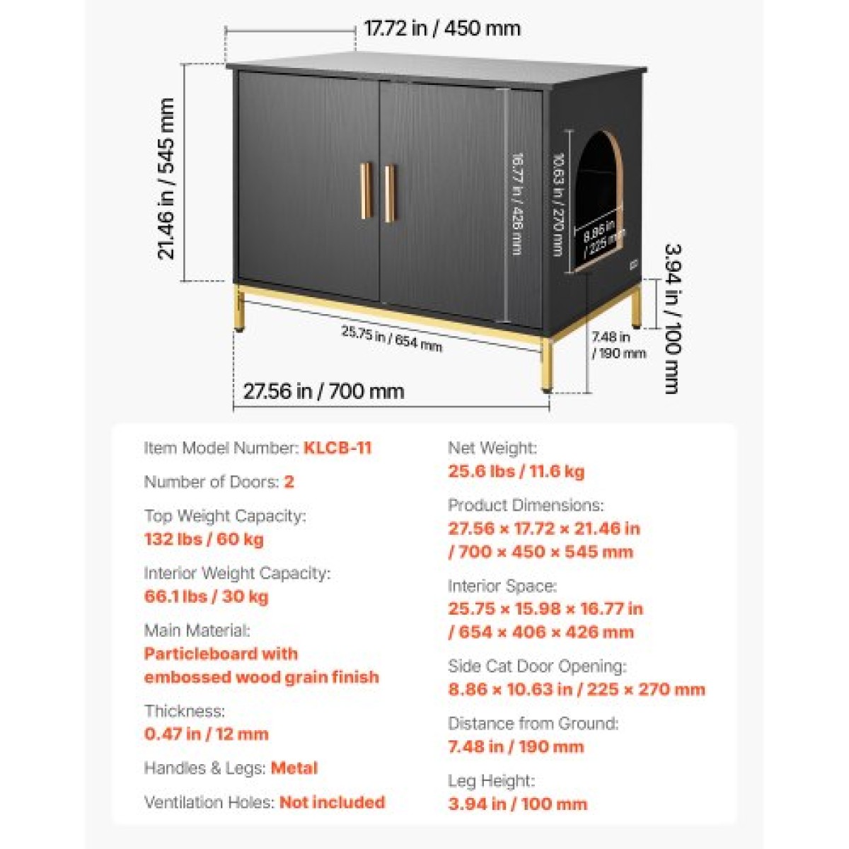 Έπιπλα VEVOR Cat Litter Box Enclosure, 70 cm Κρυφό Ντουλάπι απορριμμάτων με μεταλλικά πόδια & λαβή, Τραπέζι μοντέρνου στιλ Cat Washroom House, Fit Most of Litterbox, για Σαλόνι Υπνοδωματίου
