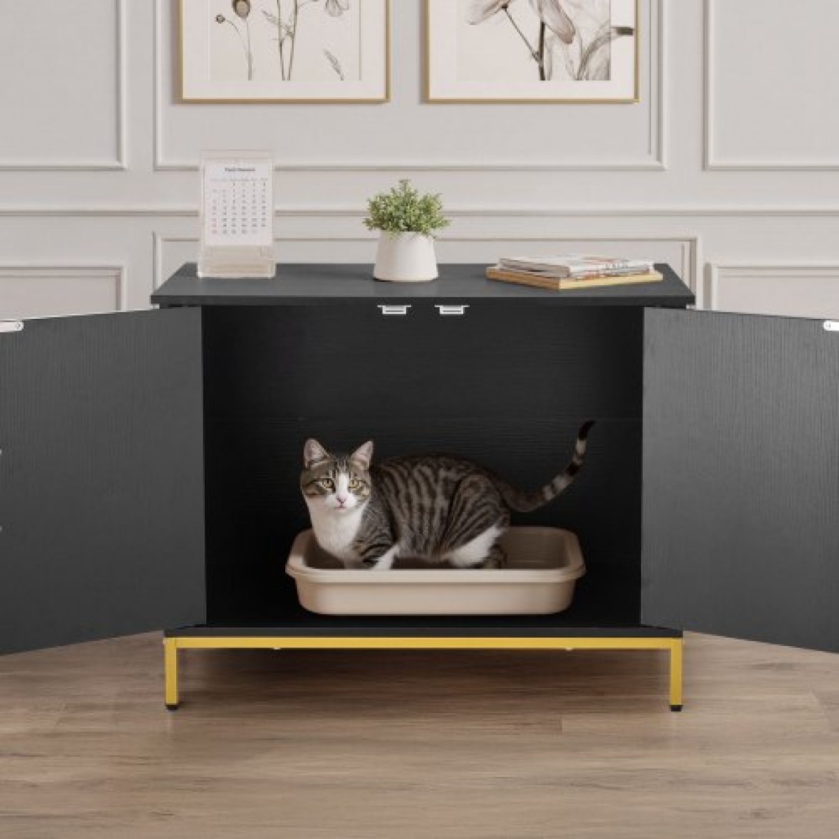 Έπιπλα VEVOR Cat Litter Box Enclosure, 70 cm Κρυφό Ντουλάπι απορριμμάτων με μεταλλικά πόδια & λαβή, Τραπέζι μοντέρνου στιλ Cat Washroom House, Fit Most of Litterbox, για Σαλόνι Υπνοδωματίου