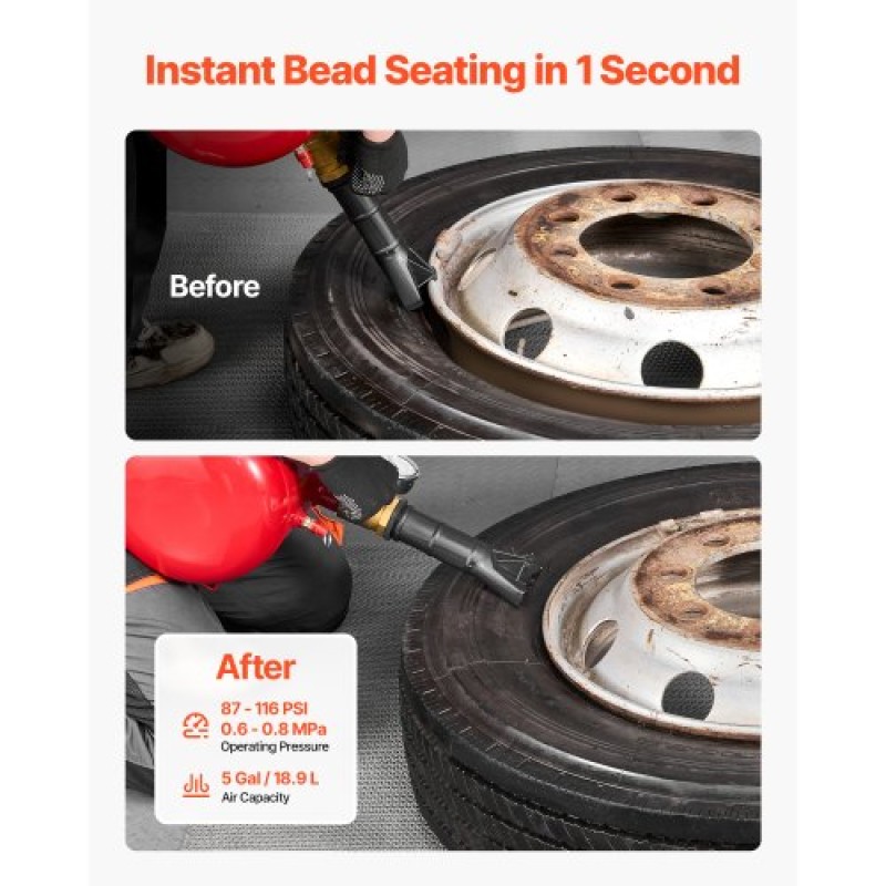 VEVOR Air Tire Bead Seat, 5 Gal / 18,9 L, Heavy Duty Tire Bead Blaster Tool, 87-116 PSI Operating Pressure, Air Trigger Seating Inflator for Pickup, Truck, ATV, Jeep, Van, Lawn Tractor, RV, Red