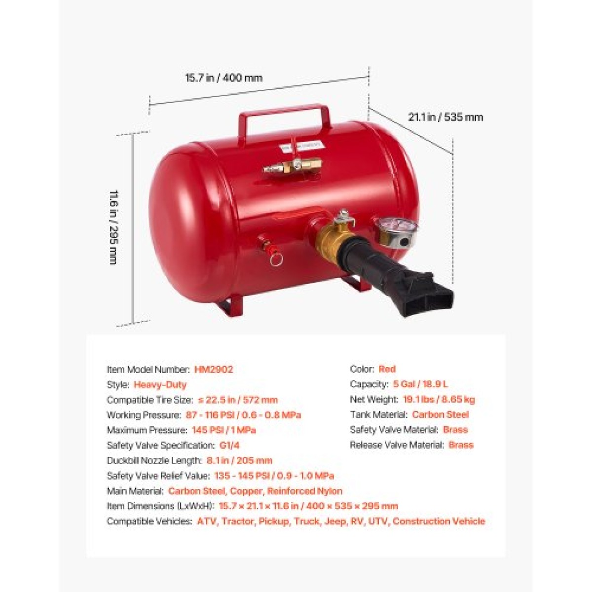 VEVOR Air Tire Bead Seat, 5 Gal / 18,9 L, Heavy Duty Tire Bead Blaster Tool, 87-116 PSI Operating Pressure, Air Trigger Seating Inflator for Pickup, Truck, ATV, Jeep, Van, Lawn Tractor, RV, Red