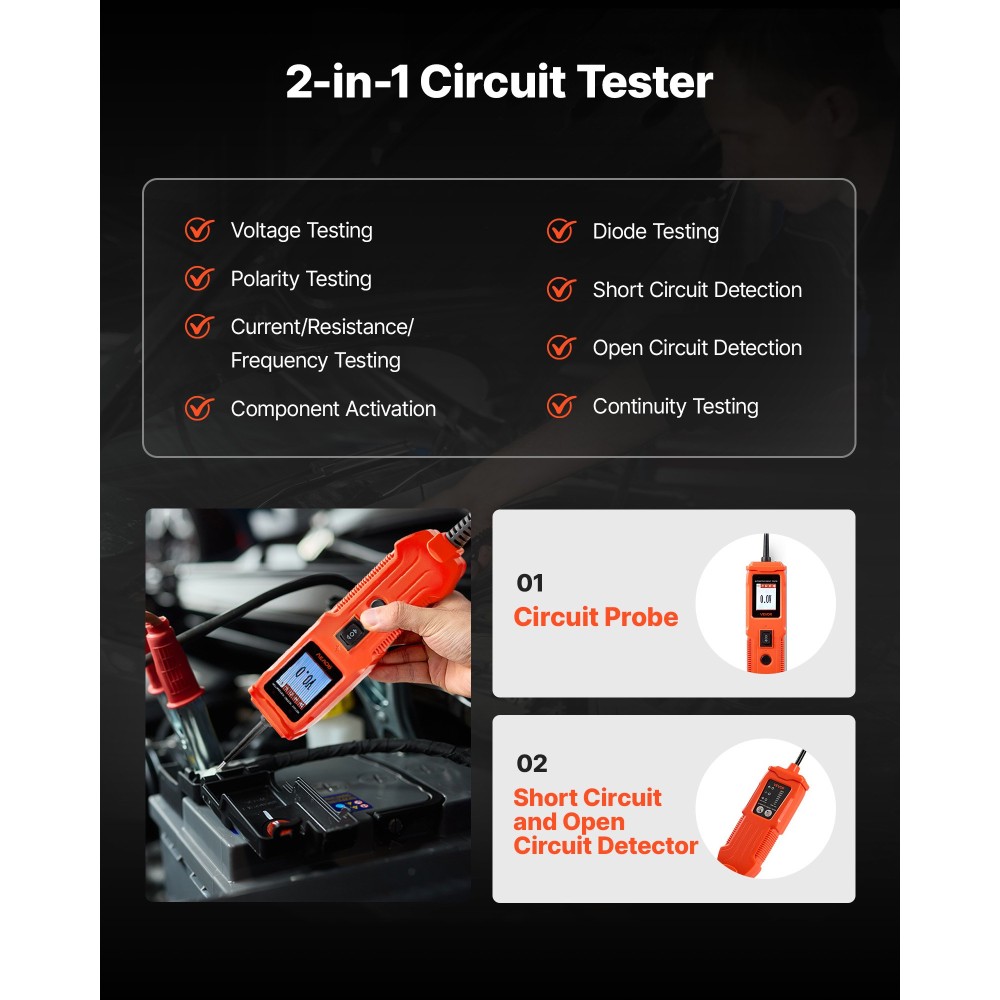 VEVOR Automotive Circuit Tester Kit, 8 - 35 DCV Power Circuit Probe Tester με έγχρωμη οθόνη TFT και φωτισμό, 2-σε-1 Electrical Automotive Power Tester Probe με καλώδιο επέκτασης 19,7 ft / 6 m
