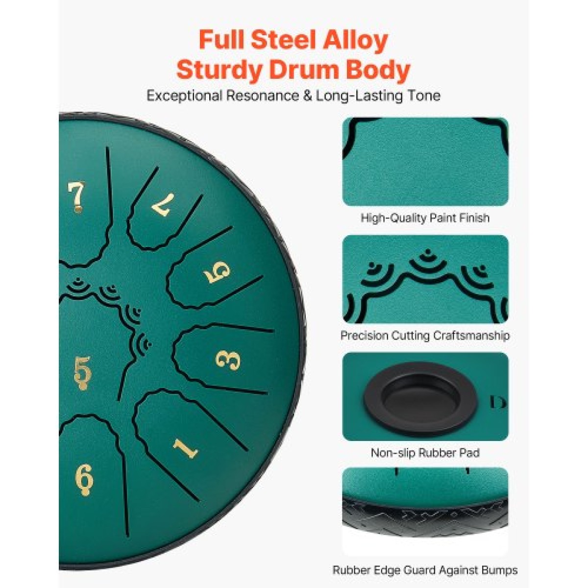 VEVOR Steel Tongue Drum, 16,5cm 11 Notes Rain Drum for Outside Garden, D Major Musical Drums with Music Book & Mallets, Percussion Instrument for Meditation Yoga Beginner Musical Education, Green