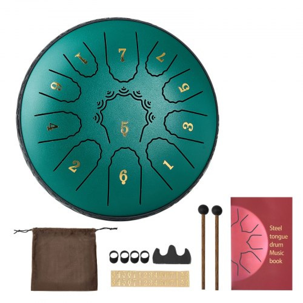 VEVOR Steel Tongue Drum, 16,5cm 11 Notes Rain Drum for Outside Garden, D Major Musical Drums with Music Book & Mallets, Percussion Instrument for Meditation Yoga Beginner Musical Education, Green
