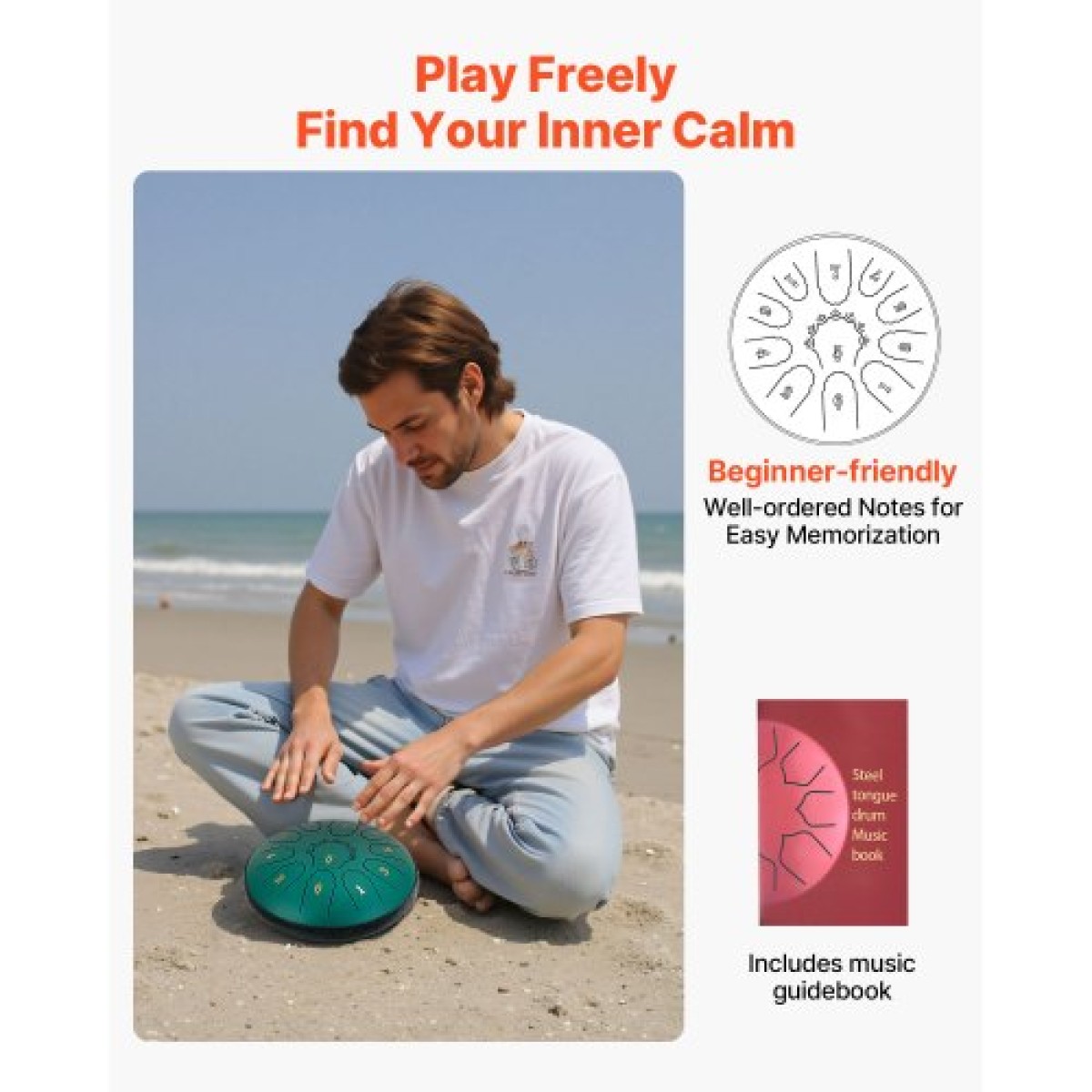 VEVOR Steel Tongue Drum, 16,5cm 11 Notes Rain Drum for Outside Garden, D Major Musical Drums with Music Book & Mallets, Percussion Instrument for Meditation Yoga Beginner Musical Education, Green