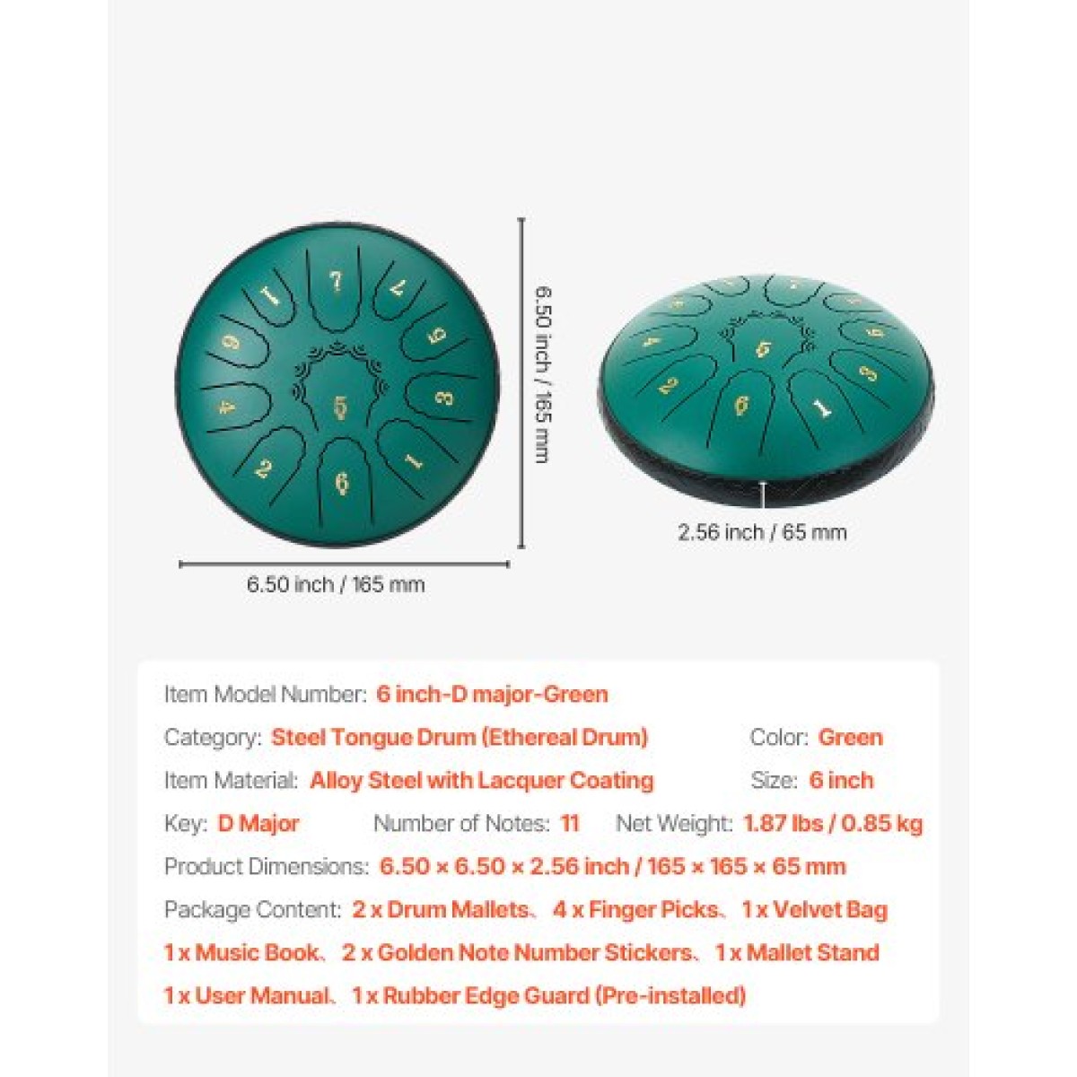 VEVOR Steel Tongue Drum, 16,5cm 11 Notes Rain Drum for Outside Garden, D Major Musical Drums with Music Book & Mallets, Percussion Instrument for Meditation Yoga Beginner Musical Education, Green