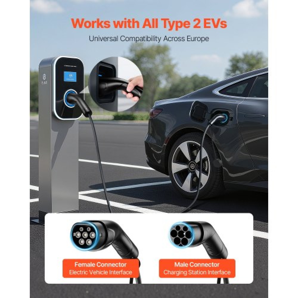 VEVOR EV Charger Extension Cable, 32Amp 10 m Max 22 kW Extension Cord Compatible with All Type 2 Electric Vehicle Chargers, 3-Phase AC 480V 50Hz IP65 Heavy Duty Car Charging Cable with Carrying Bag