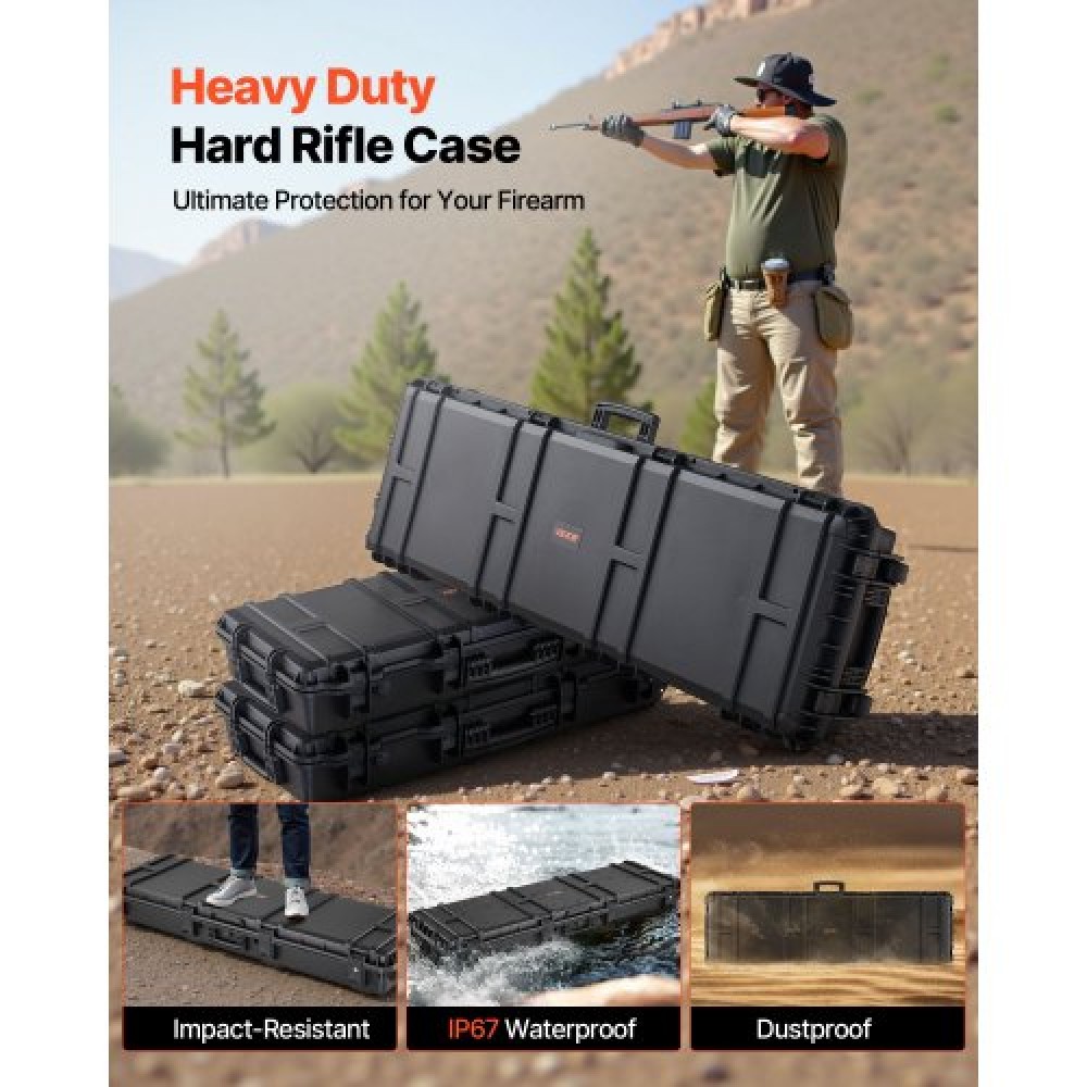 VEVOR Hard Rifle Case, Lockable Rifle Case with Detachable XPE Foam, 1270 mm Gun Storage with Wheels, IP67 Waterproof & Dustproof Pistol Storage Cases for Rifles, Shotguns, Airsoft Guns, Black