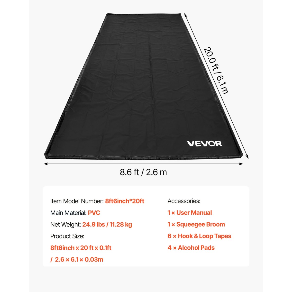 VEVOR Containment χαλάκι, 2,6 x 6,1 m, αντιολισθητικό πατάκι γκαράζ PVC με καθαριστική σκούπα, ανθεκτική αδιάβροχη προστασία βαρέως τύπου από χιόνι, βροχή και λάσπη για αυτοκίνητα SUV Στάθμευση φορτηγών, μαύρο