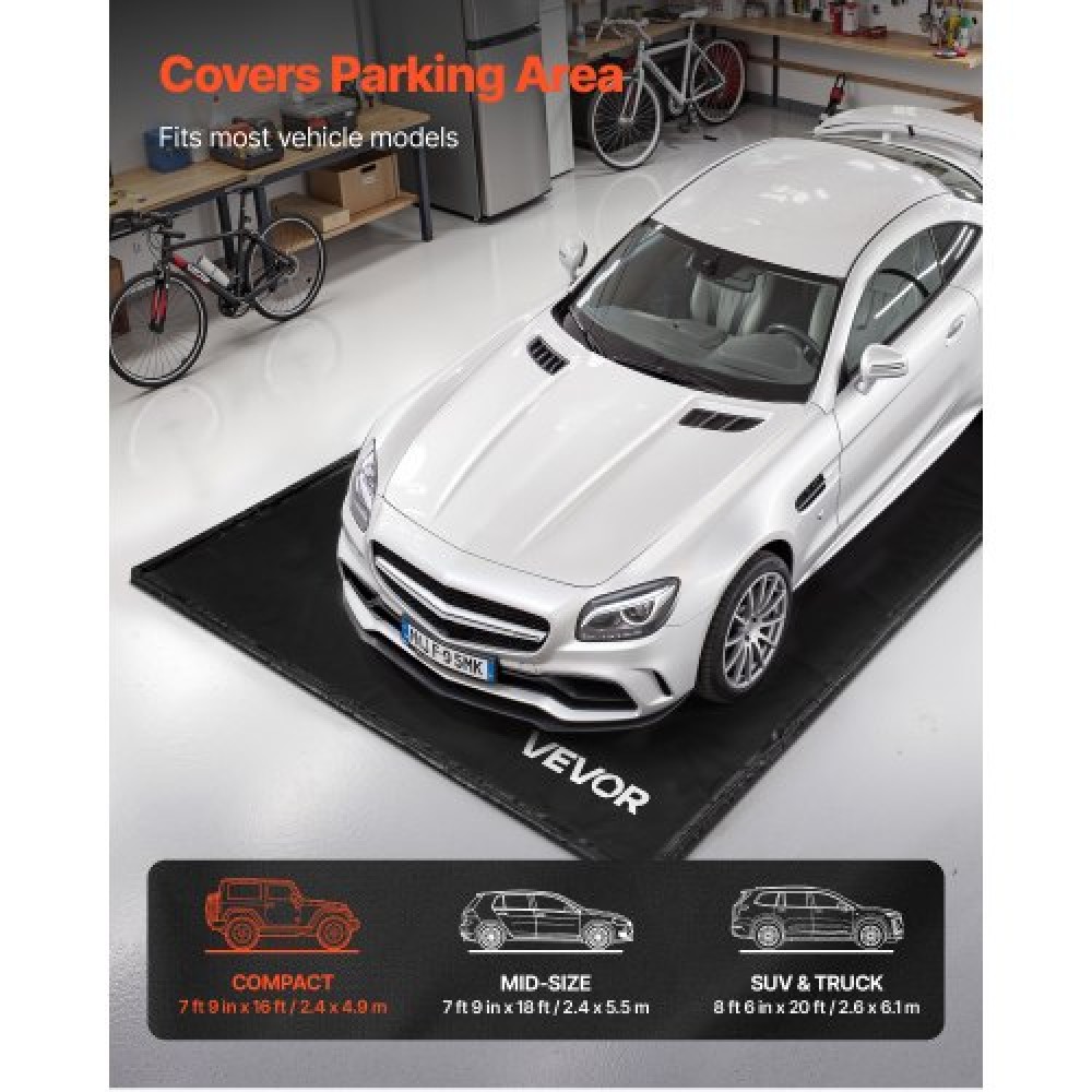 VEVOR Containment Mat, 2,4 x 4,9 m, αντιολισθητικό PVC πατάκι γκαράζ με καθαριστική σκούπα, ανθεκτική αδιάβροχη προστασία από χιόνι, βροχή και λάσπη για στάθμευση αυτοκινήτων, μαύρο