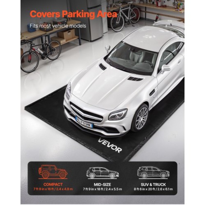 VEVOR Containment Mat, 2,4 x 4,9 m, αντιολισθητικό PVC πατάκι γκαράζ με καθαριστική σκούπα, ανθεκτική αδιάβροχη προστασία από χιόνι, βροχή και λάσπη για στάθμευση αυτοκινήτων, μαύρο