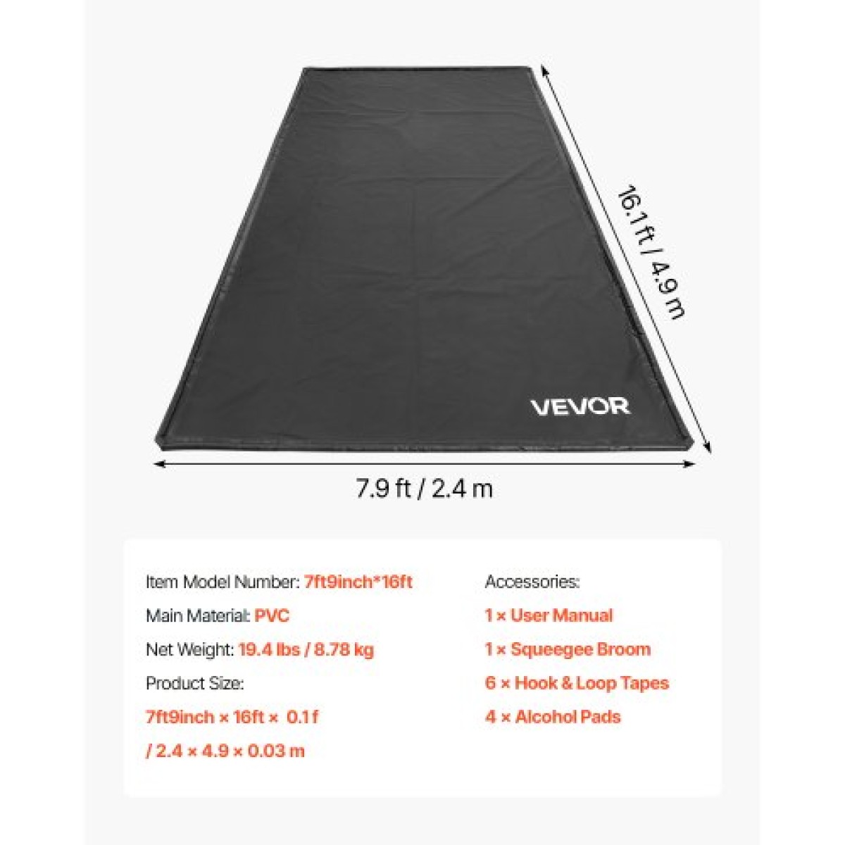 VEVOR Containment Mat, 2,4 x 4,9 m, αντιολισθητικό PVC πατάκι γκαράζ με καθαριστική σκούπα, ανθεκτική αδιάβροχη προστασία από χιόνι, βροχή και λάσπη για στάθμευση αυτοκινήτων, μαύρο