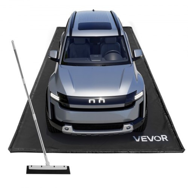 VEVOR Containment Mat, 2,4 x 4,9 m, αντιολισθητικό PVC πατάκι γκαράζ με καθαριστική σκούπα, ανθεκτική αδιάβροχη προστασία από χιόνι, βροχή και λάσπη για στάθμευση αυτοκινήτων, μαύρο