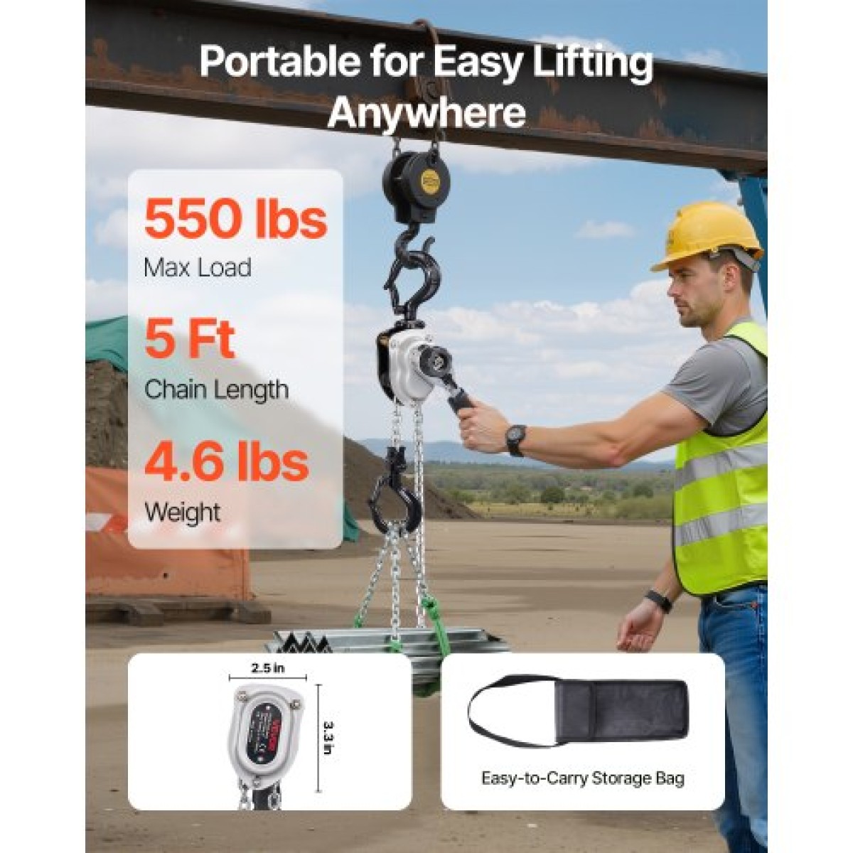VEVOR Manual Lever Chain Hoist, 1/4T 250KG Capacity Heavy Duty Come Along, 1,5M Lift G80 Alloy Steel Chain with Dual Pawl Mechanical Brake, 360° Rotating Hog, for Warage Construction Garage