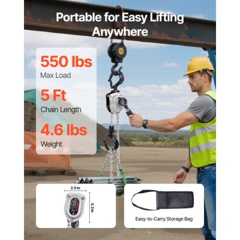 VEVOR Manual Lever Chain Hoist, 1/4T 250KG Capacity Heavy Duty Come Along, 1,5M Lift G80 Alloy Steel Chain with Dual Pawl Mechanical Brake, 360° Rotating Hog, for Warage Construction Garage