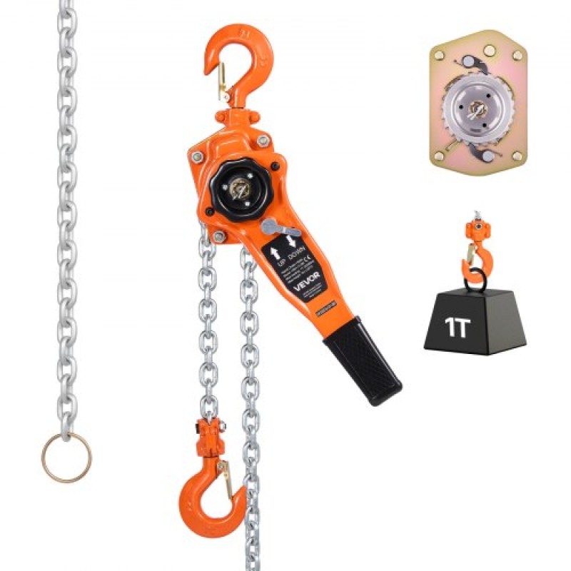 VEVOR Χειροκίνητο ανυψωτικό αλυσίδας μοχλού, 1T 1000KG χωρητικότητας βαρέως τύπου, 3M Lift G80 Alloy Steel Chain with Dual Pawl Mechanical Brake, 360° Περιστρεφόμενα άγκιστρα, για γκαράζ κατασκευών αποθήκης