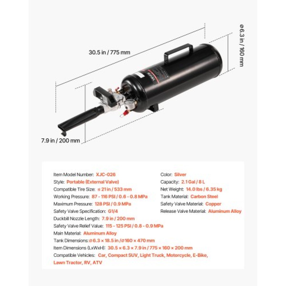 VEVOR Portable Tire Bead Seat, 2,1 Gal / 8 L Air Bead Blaster, Handheld Tire Inflator Tool, 87-116 PSI Operating Pressure, Trigger Seating Inflator for Car, Compact SUV, Light Truck, E-Bike, RV, ATV
